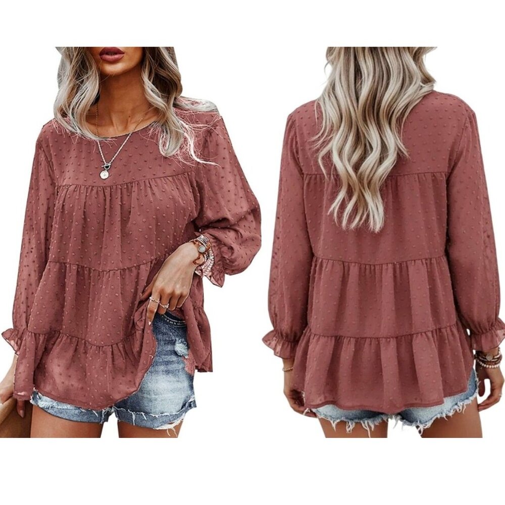 Pretty Garden Women's Swiss Dot Loose Chiffon‎ Ruffled-Sleeve Blouse Pink Medium